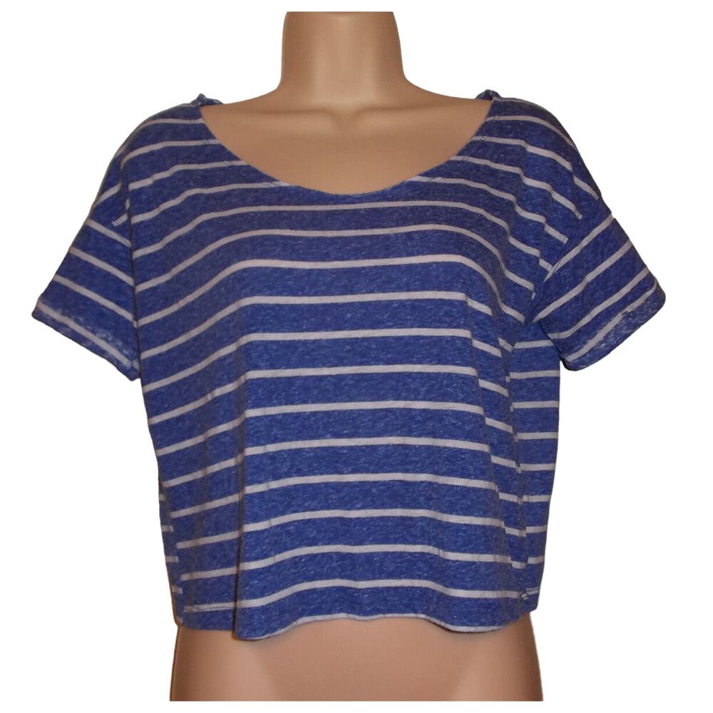 C & S Blue and White Striped Poly Blend Knit Crop Top Womanโs Sz.S